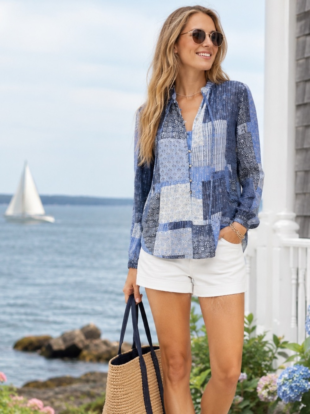 NWT PILCRO AND THE LETTERPRESS Bandana Motif Patchwork Boho Chambray Blouse, XS